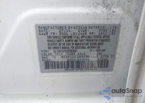 2014 Nissan Sentra Sv z USA, uszkodzony, nr VIN 3N1AB7AP0EY283681